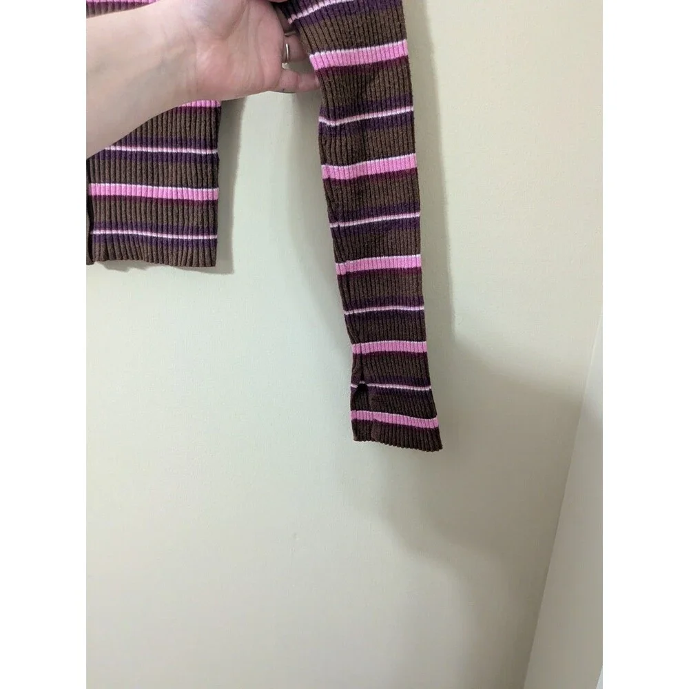 Y2K Brown & Pink Striped Ribbed Knit Polo Cardigan Crop Top